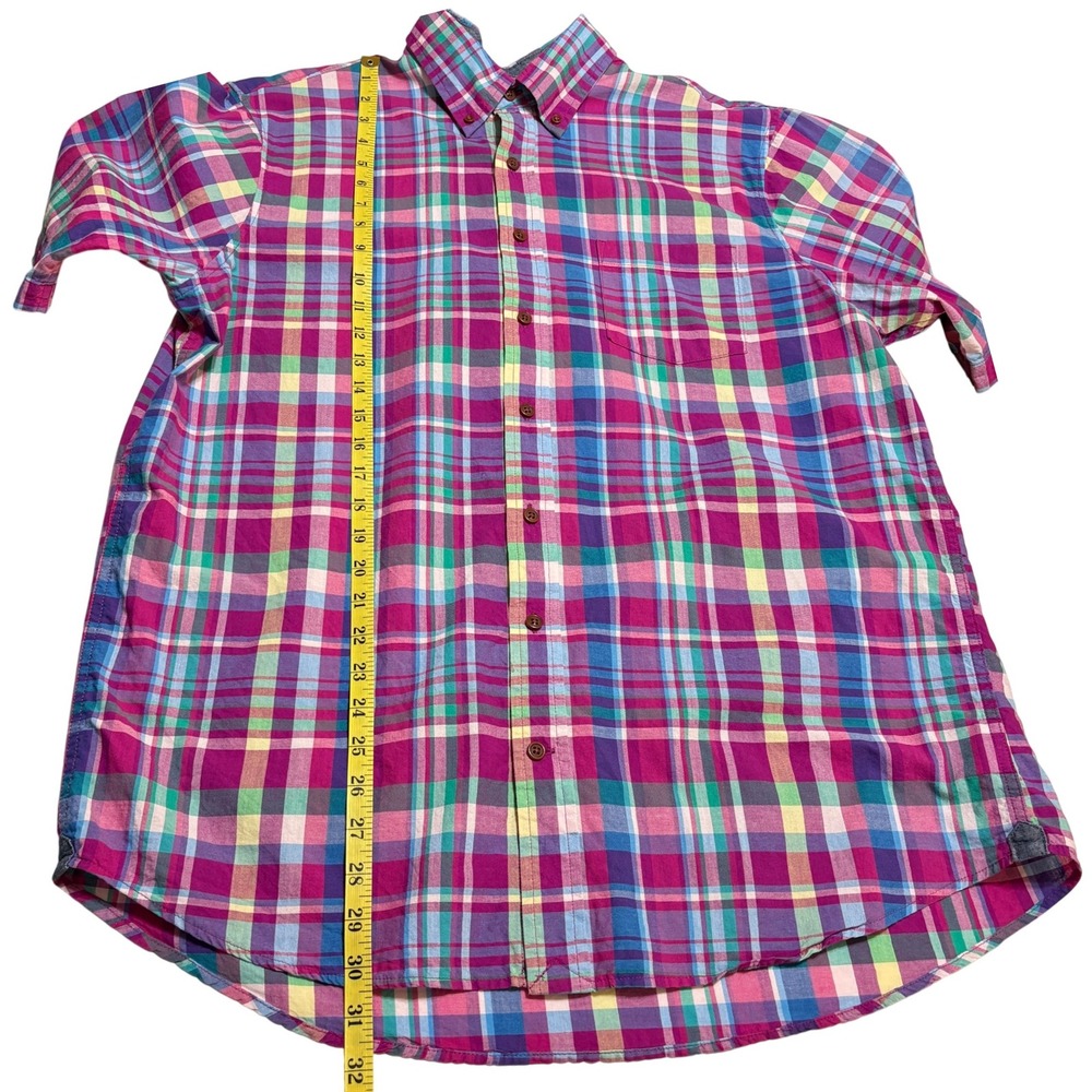 Lands End Mens Traditional Fit Plaid Madras Button Down Short Sleeve Shirt Large - Picture 9 of 12